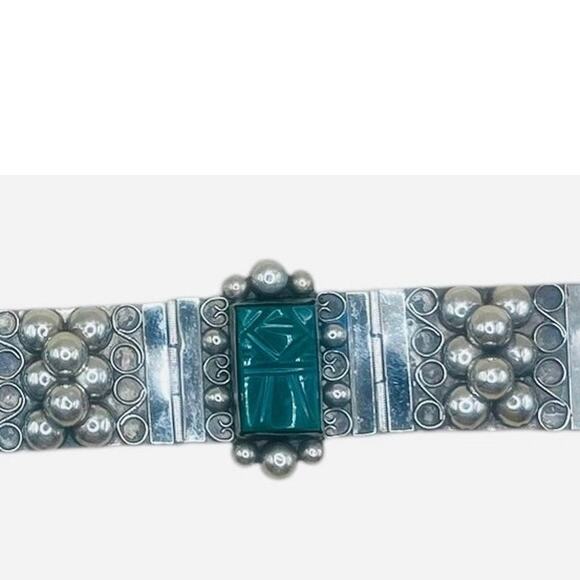 Vintage Jewelry Set Sterling Silver and Green Onyx Bracelet, Ring, and Earrings - Picture 4 of 4